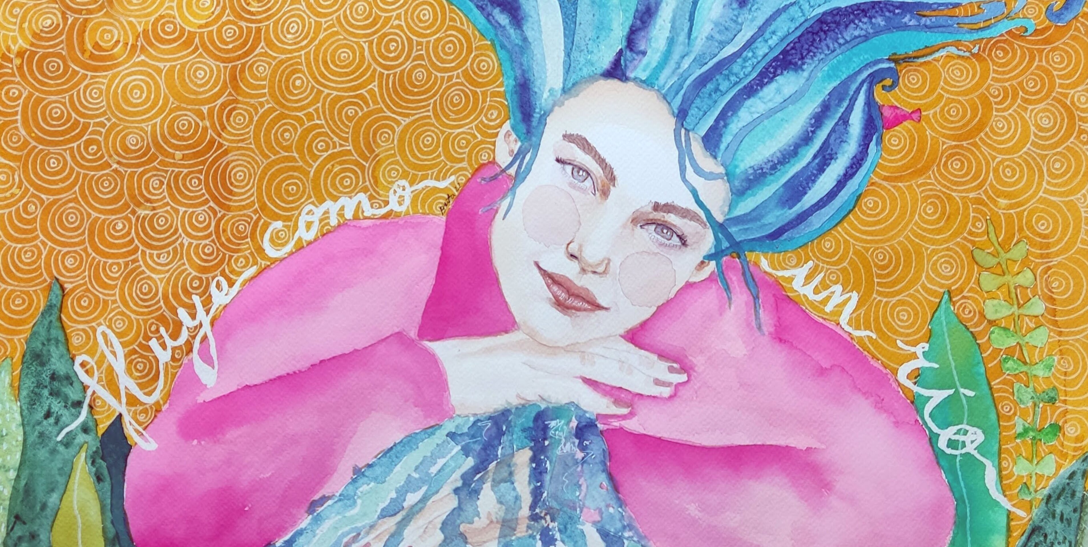 Acuarela retrato femenino: "Fluye como un río" - 2