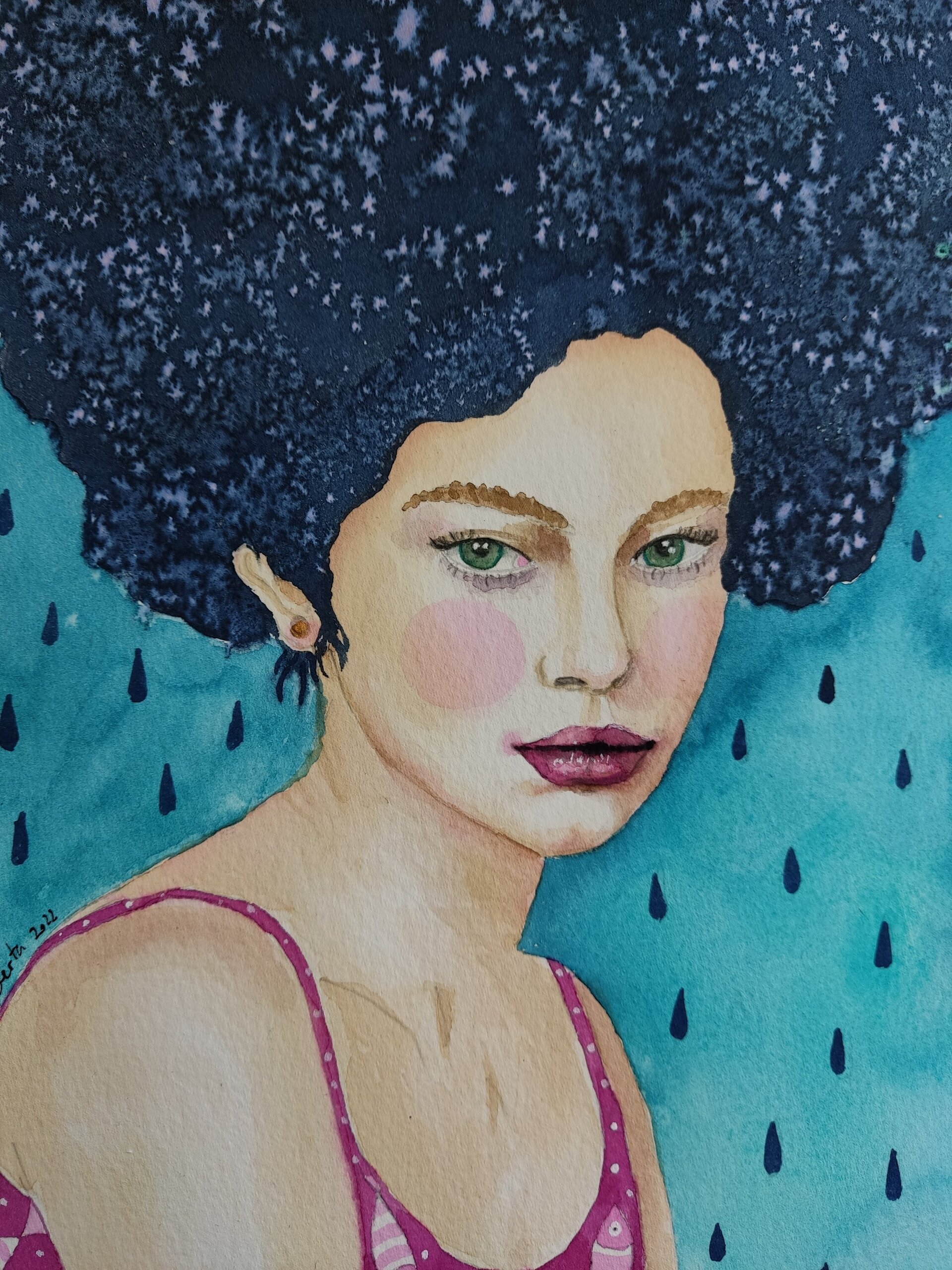 Acuarela retrato femenino: "Llueve pero no tengo frío" - 2