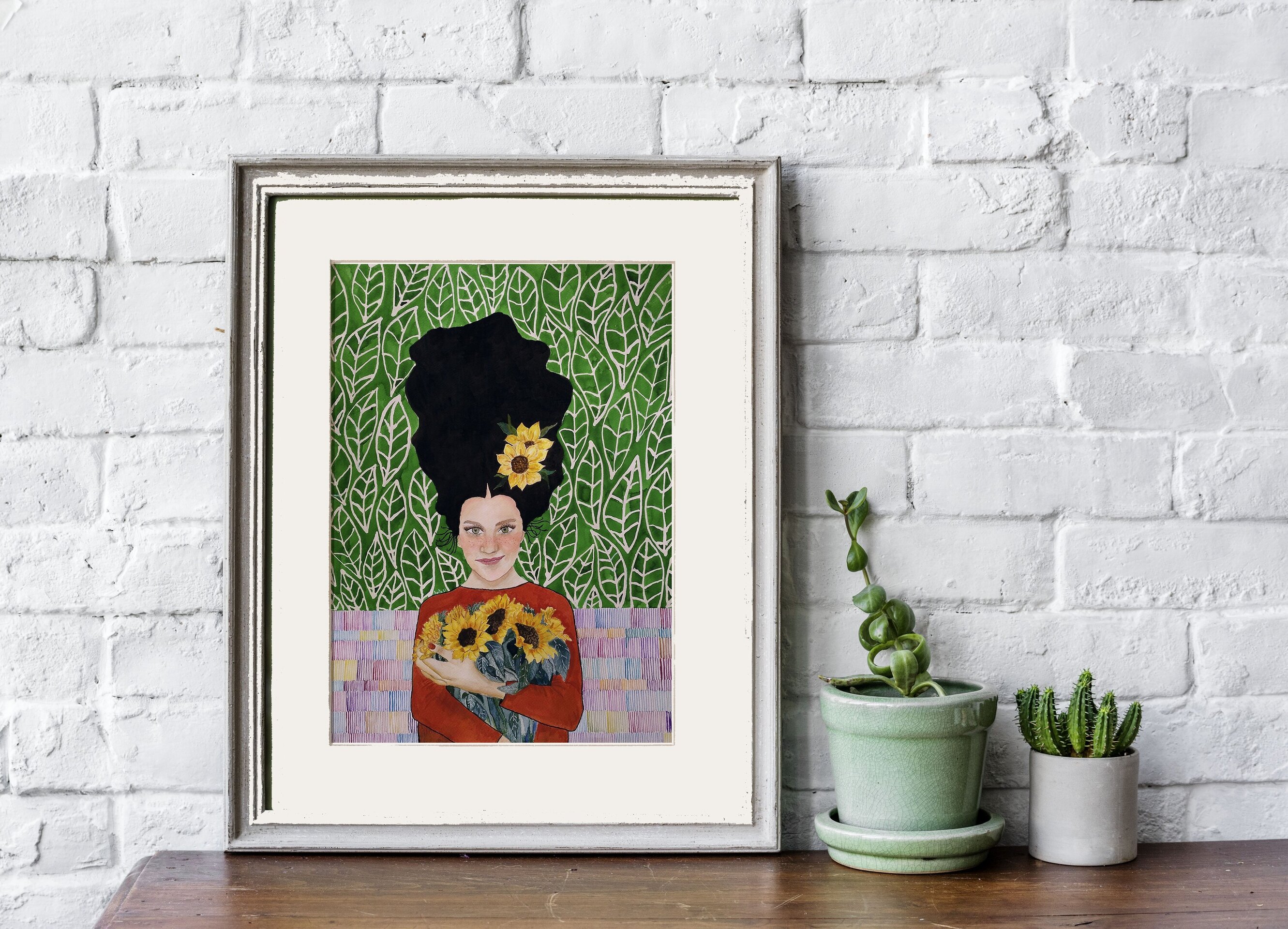 Retrato femenino acuarela: "Recogiendo girasoles para el invierno" - 3