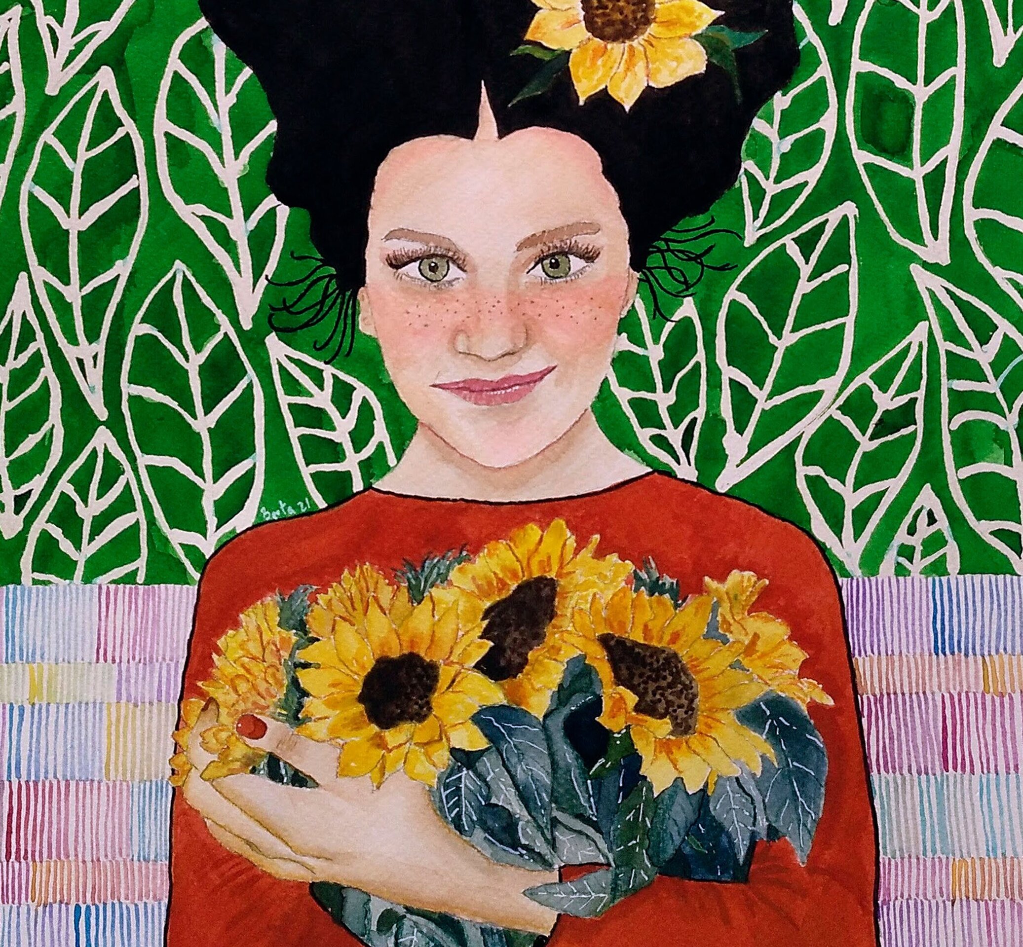 Retrato femenino acuarela: "Recogiendo girasoles para el invierno" - 2