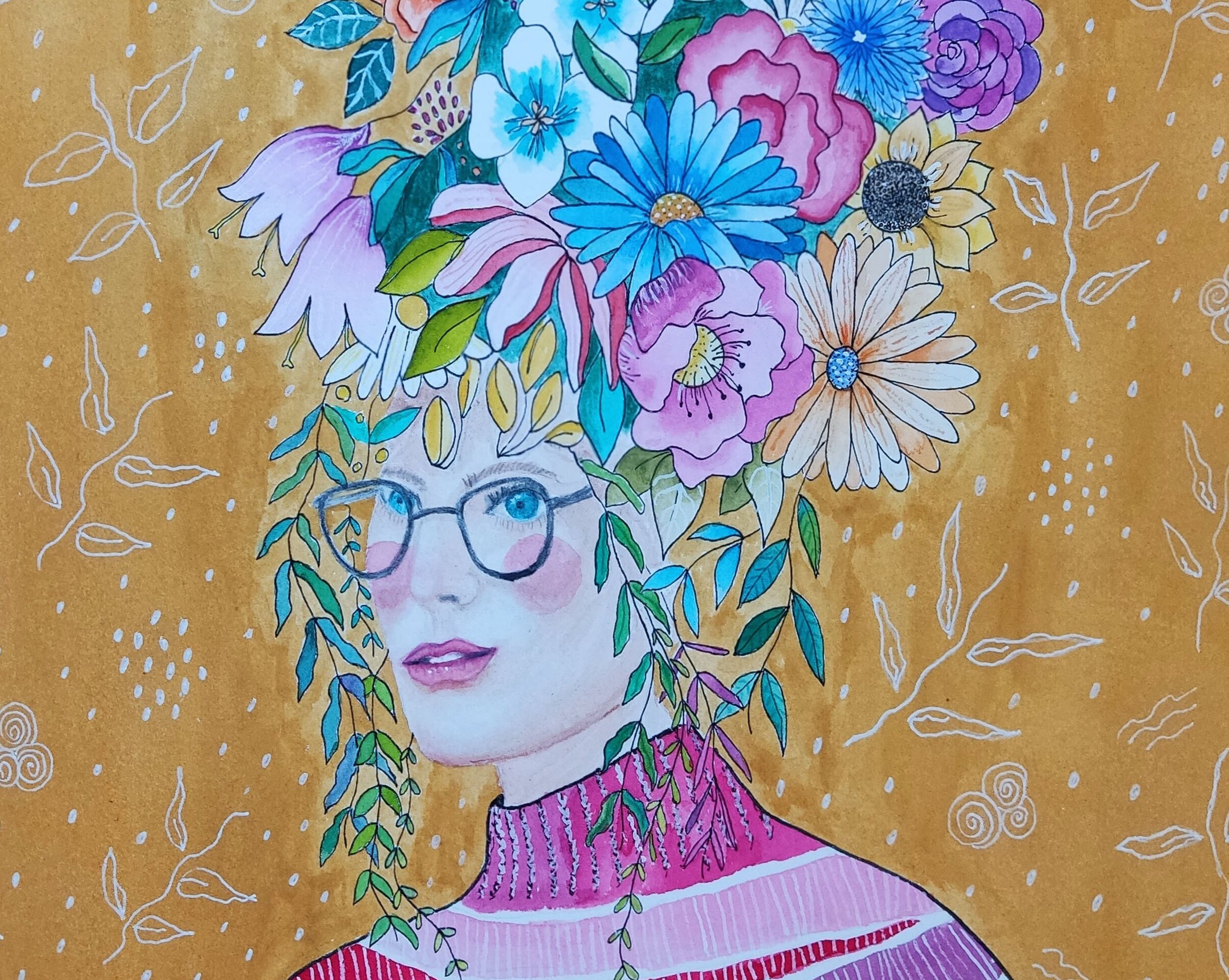 Retrato femenino acuarela: "Jardín florecido" - 2