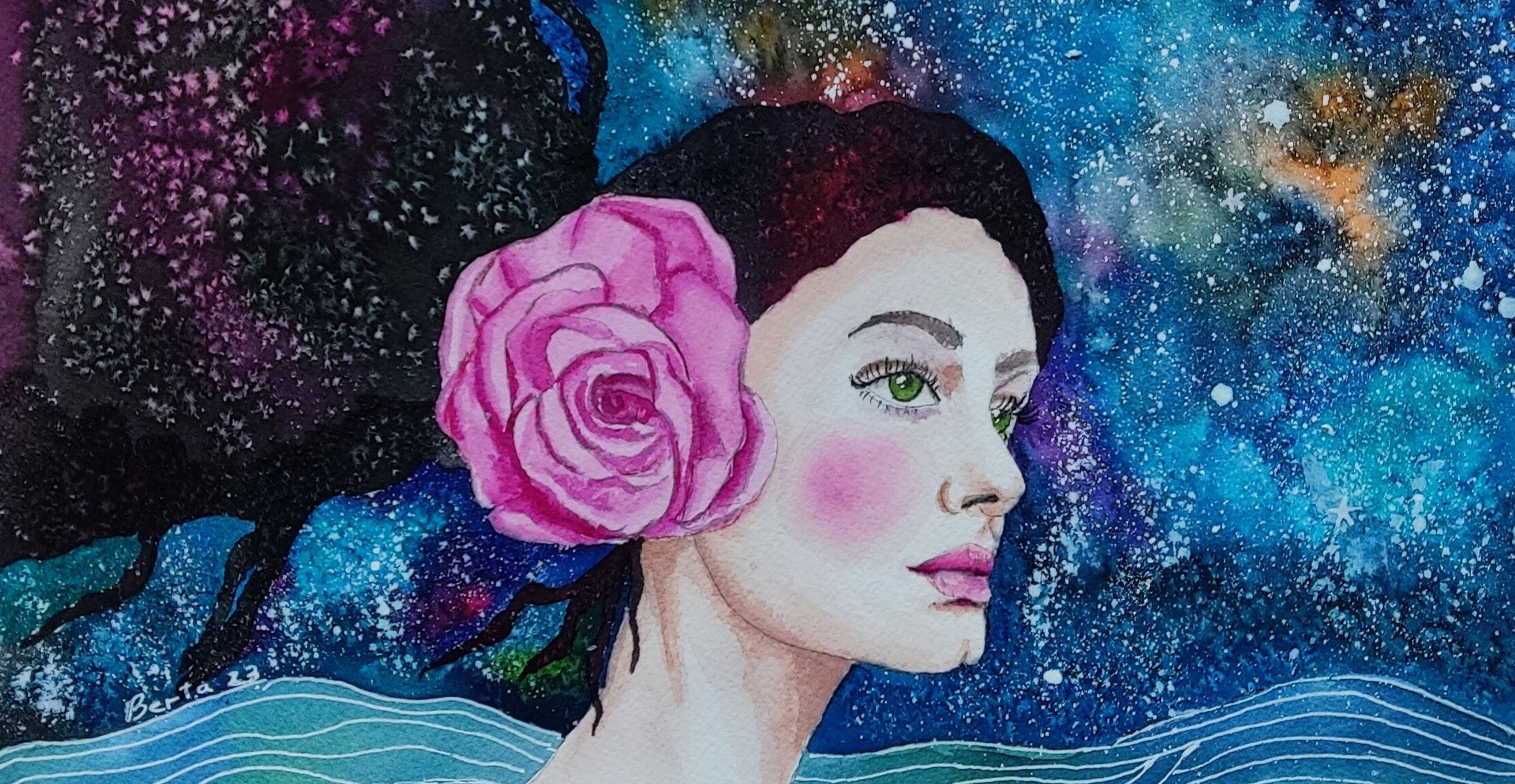 Retrato femenino acuarela: "Océano Cósmico" - 2