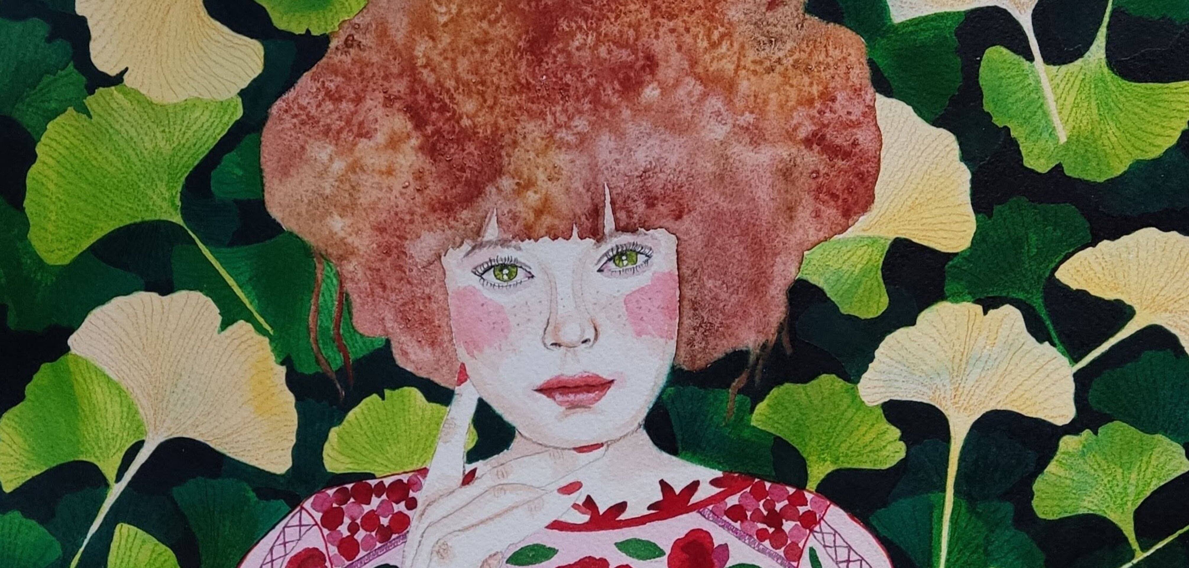 Retrato femenino acuarela: "El Ginkgo biloba y yo" - 2