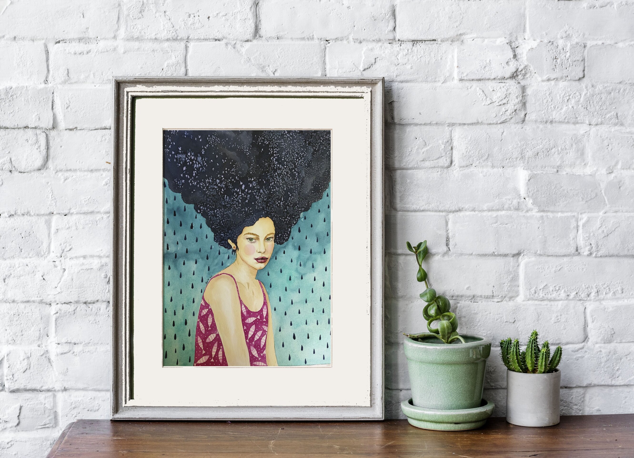 Acuarela retrato femenino: "Llueve pero no tengo frío" - 3