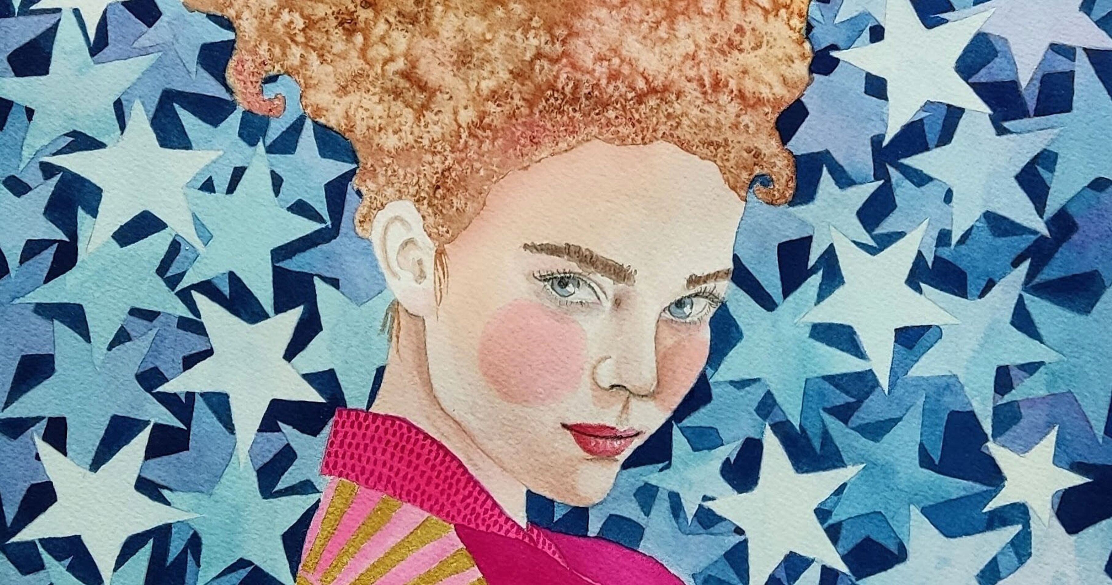Acuarela Retrato femenino: ""Yo no te pido que me bajes una estrella azul" - 2