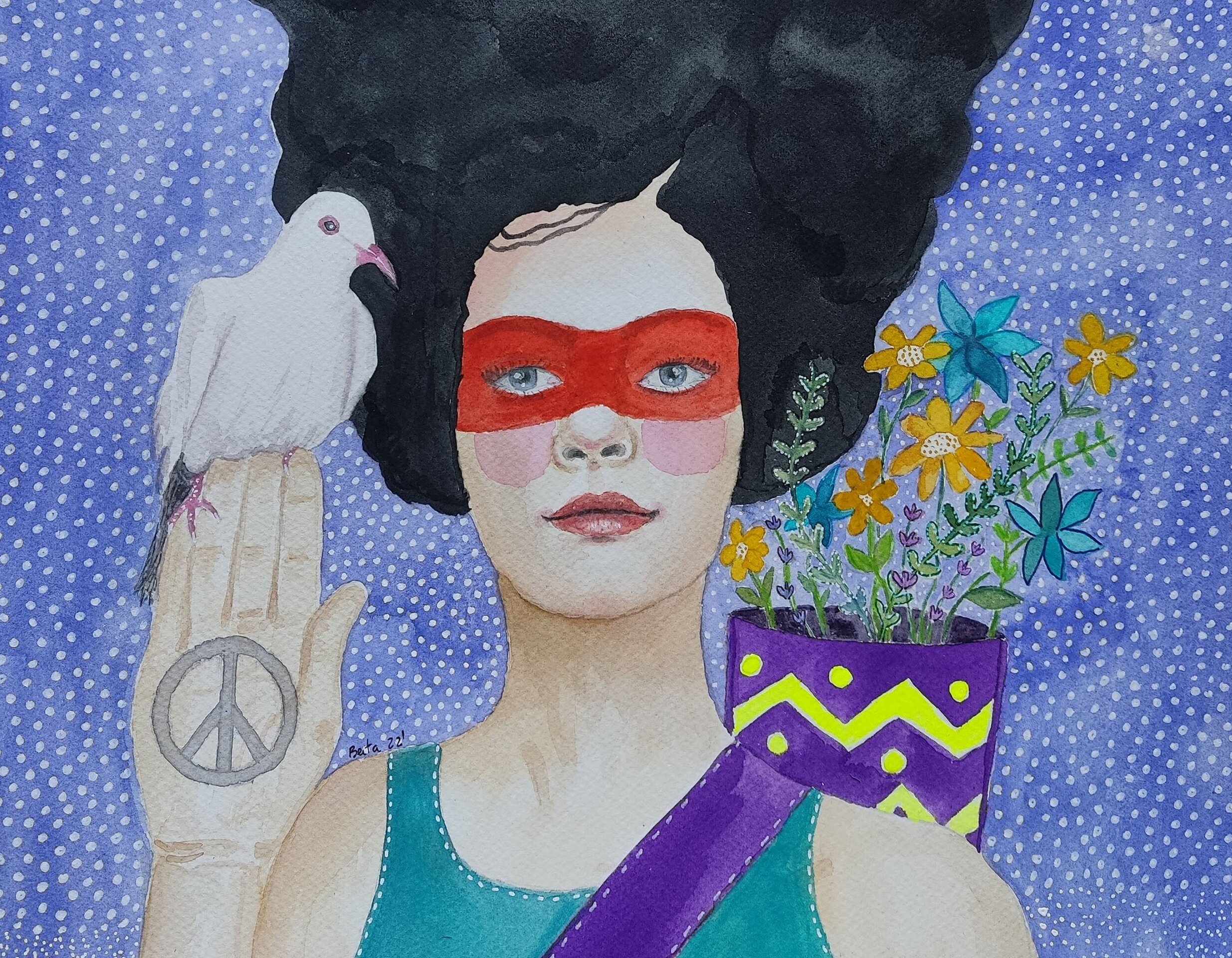 Retrato femenino acuarela: "No a la guerra" - 2